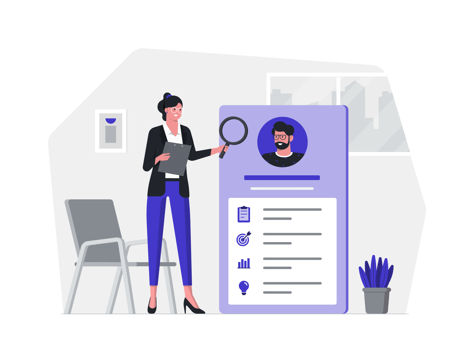 Illustration of a recruiter analyzing a candidate's resume with a magnifying glass, symbolizing detailed evaluation of skills and qualifications. The large CV display includes profile information and key achievements in a modern office setting.