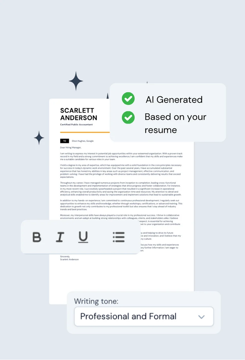 Illustration of an AI-generated cover letter with customization options such as bold text, formatting adjustments, and writing tone selection.
