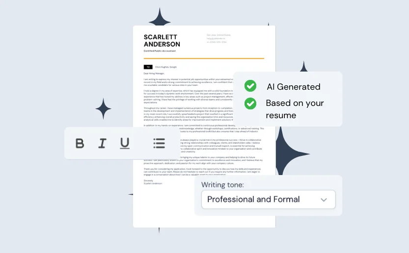 Illustration of an AI-generated cover letter with customization options such as bold text, formatting adjustments, and writing tone selection.