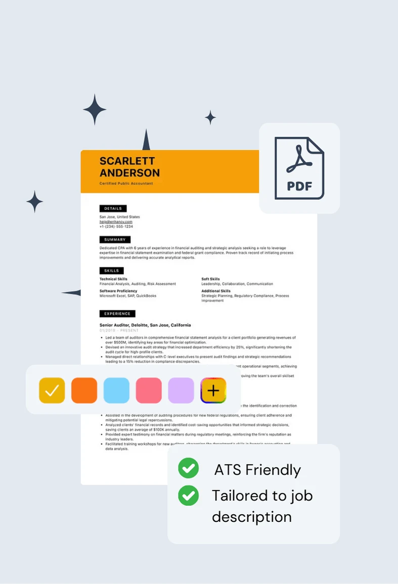 Illustration of a professionally designed resume with multiple color customization options, ATS-friendly formatting, and job-specific tailoring. A PDF icon indicates easy export.