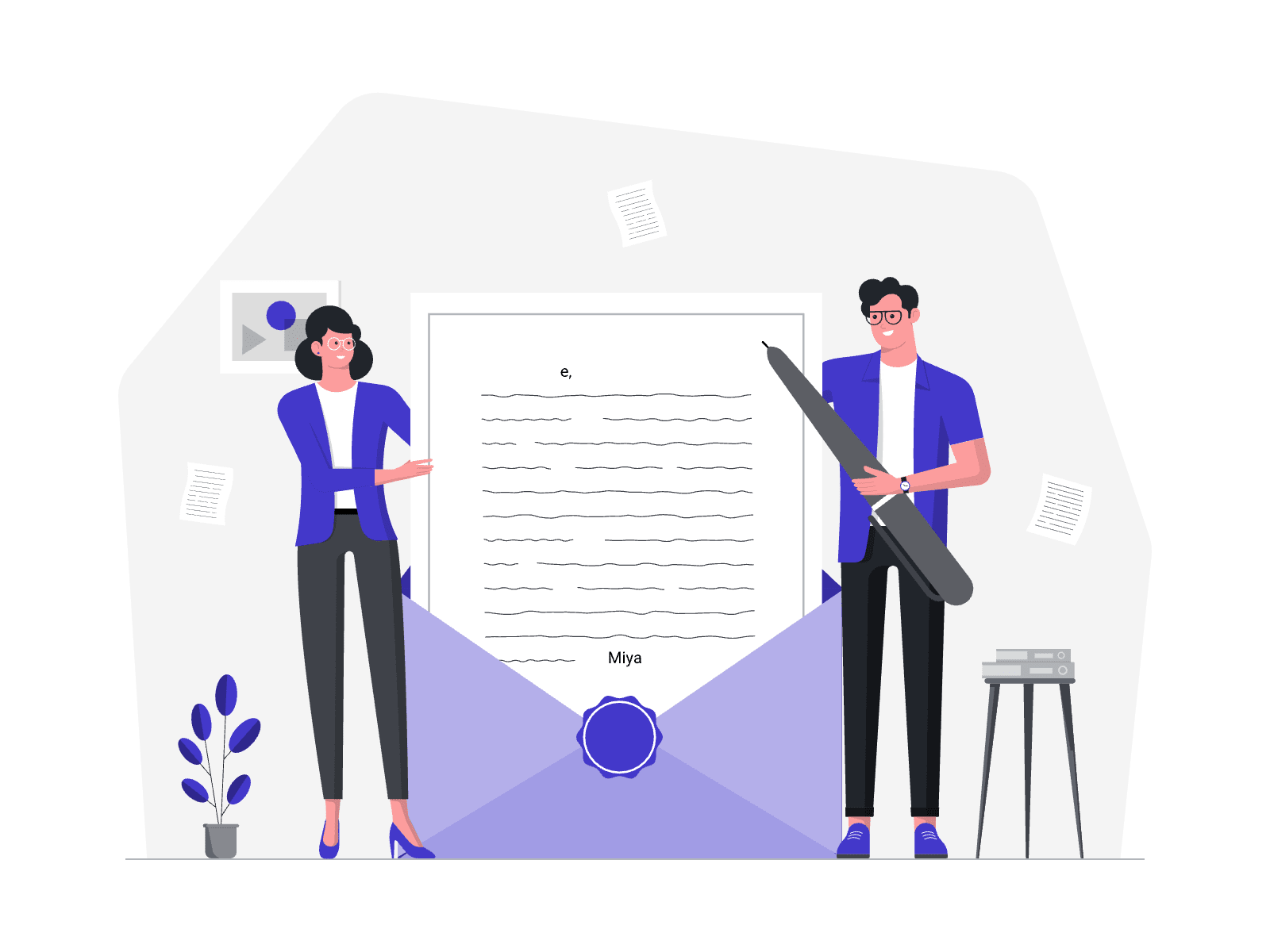 Illustration of a professionally written cover letter emerging from an envelope, presented by two individuals in a modern office setting. The scene symbolizes job applications, career opportunities, and professional communication.