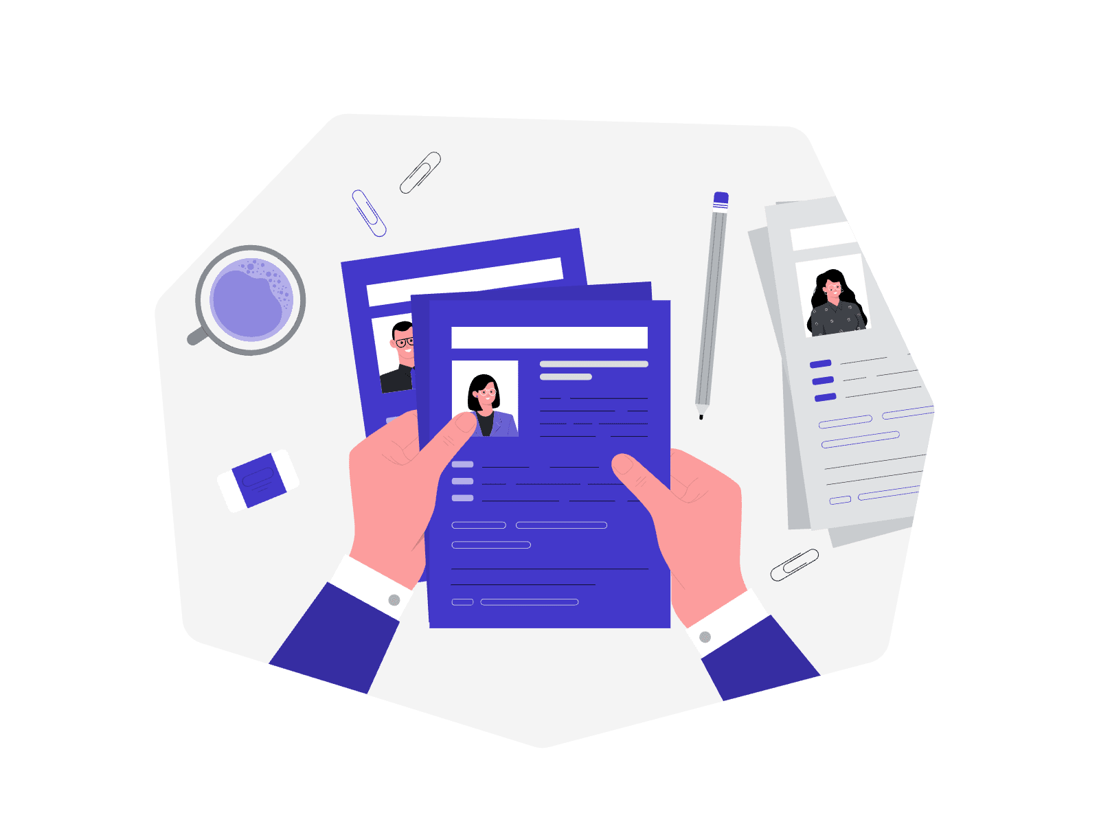 Illustration of a recruiter reviewing resumes at a desk, holding a candidate's CV with profile pictures visible. The workspace includes a cup of coffee, a pen, paper clips, and an eraser.