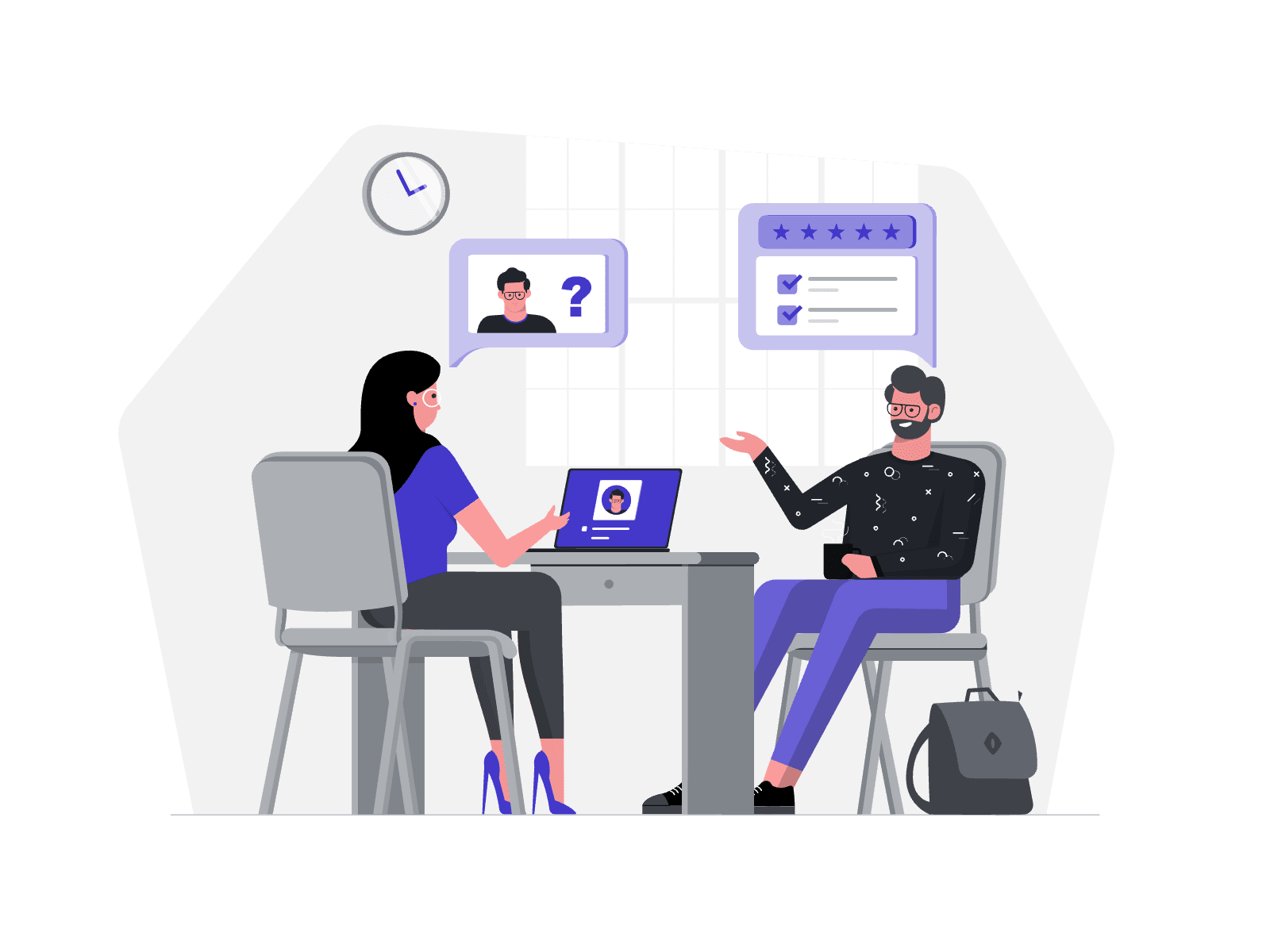 Illustration of a job interview in progress, with a recruiter sitting at a desk, evaluating a candidate who is answering questions. A laptop displays the candidate’s profile, while speech bubbles indicate a discussion about qualifications and experience.