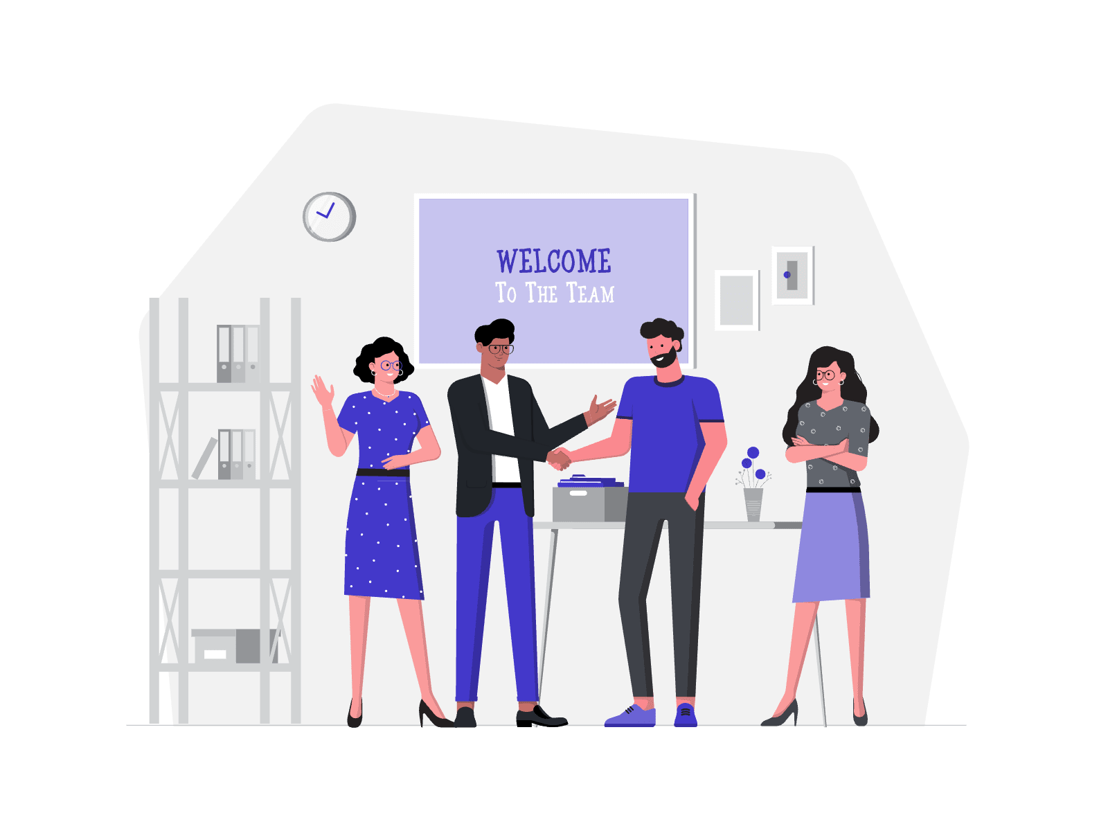 Illustration of a diverse group of colleagues welcoming a new employee with a handshake in an office setting, with a 'Welcome to the Team' sign in the background.